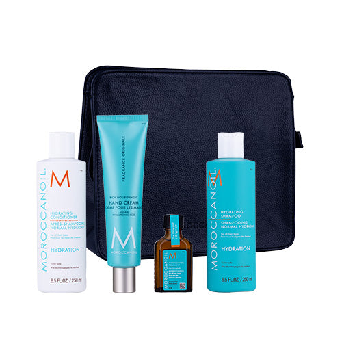 Moroccanoil Luminous Wonders Hydration zestaw szampon do włosów 250ml + odżywka do włosów 250ml + kuracja do włosów 25ml + krem do rąk 100ml + kosmetyczka