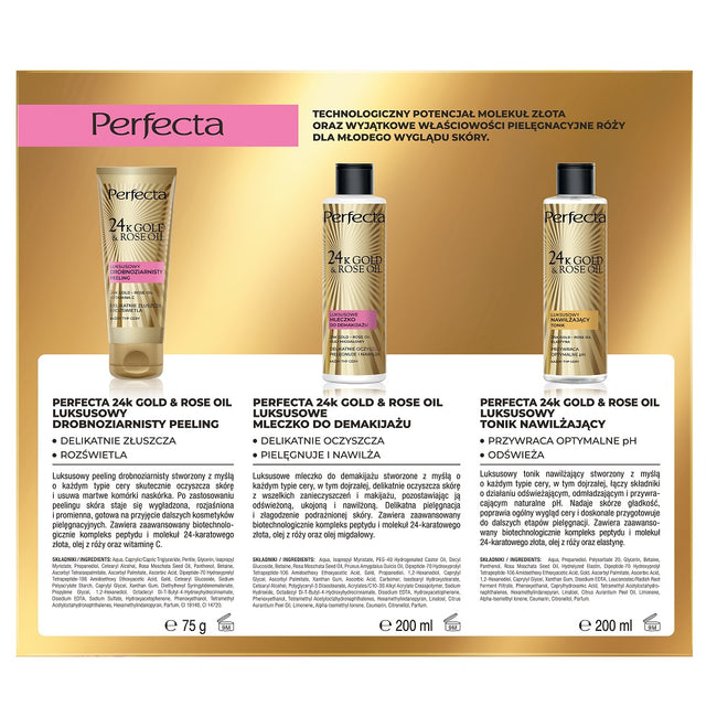 Perfecta 24K Gold & Rose Oil zestaw peeling drobnoziarnisty 75g + tonik nawilżający 200ml + mleczko do demakijażu 200ml