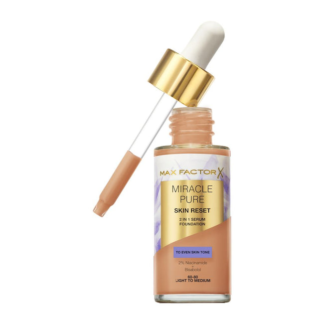 Max Factor Miracle Pure 2w1 Skin Reset pielęgnujący podkład z serum o wegańskiej formule 60-80 Light to Medium 30ml