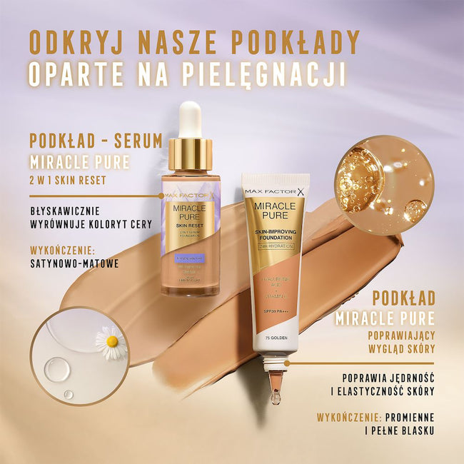 Max Factor Miracle Pure 2w1 Skin Reset pielęgnujący podkład z serum o wegańskiej formule 60-80 Light to Medium 30ml