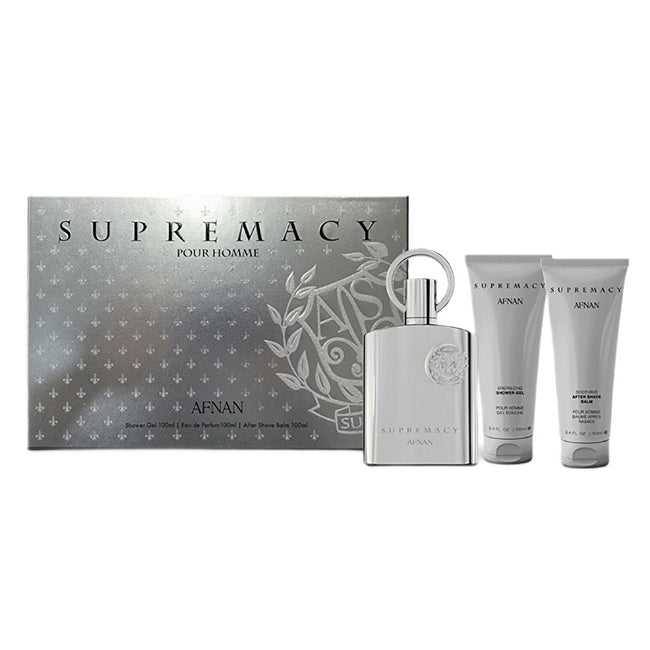 Afnan Supremacy Silver zestaw woda perfumowana spray 100ml + żel pod prysznic 100ml + balsam po goleniu 100ml