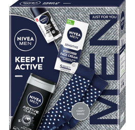 Nivea Men Keep It Active zestaw żel pod prysznic 3w1 250ml + antyperspirant roll-on 50ml + łagodzący krem nawilżający do twarzy 75ml + skarpetki