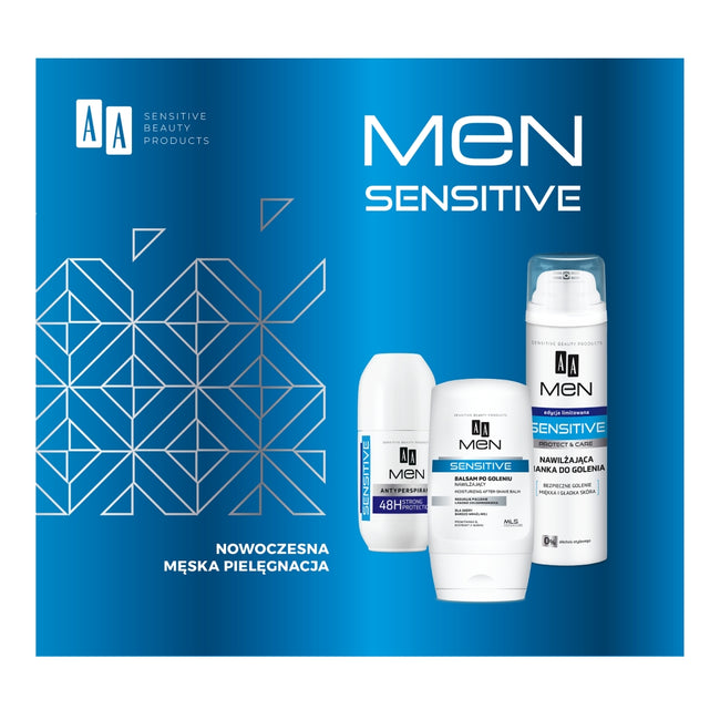 AA Men Sensitive zestaw balsam po goleniu 100ml + pianka do golenia 250ml + antyperspirant w kulce 50ml