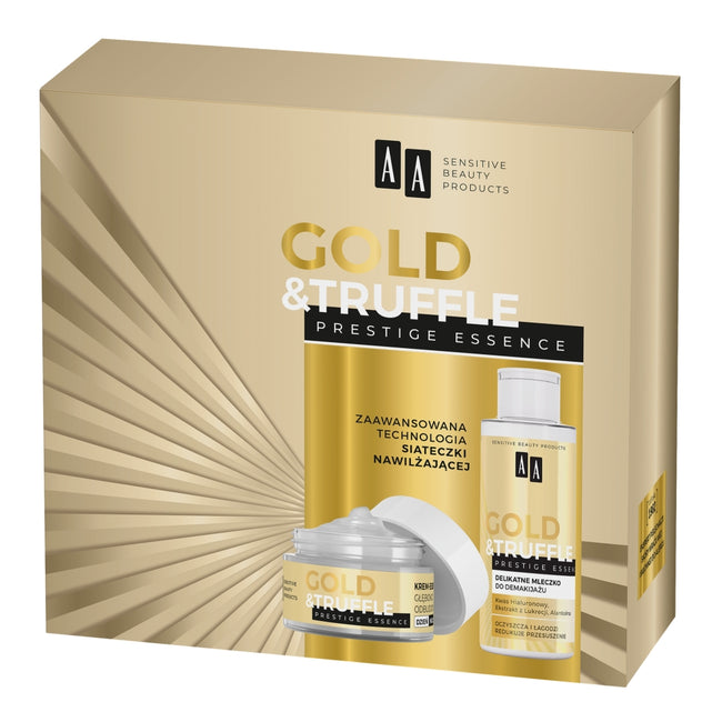 AA Gold & Truffles Prestige Essence 65+ zestaw głęboko odbudowujący krem-esencja 50ml + delikatne mleczko do demakijażu 150ml