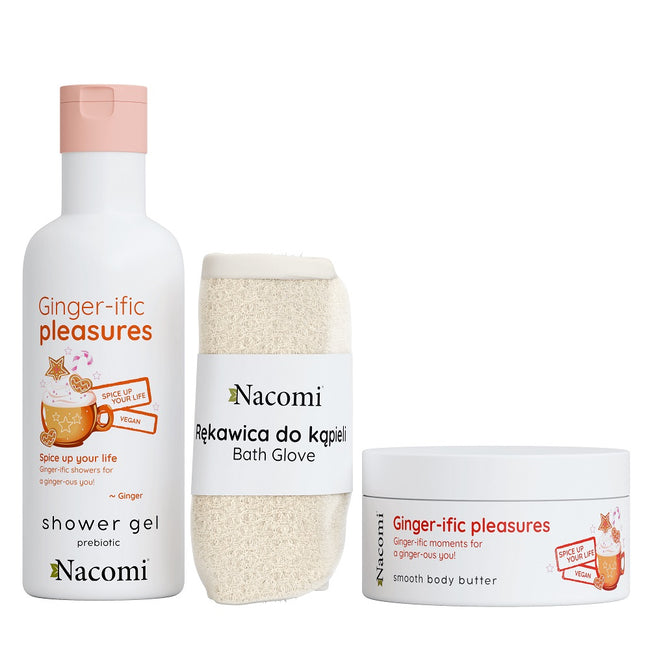 Nacomi Ginger-ific Pleasure zestaw żel pod prysznic 300ml + masło do ciała 100ml + rękawica do kąpieli