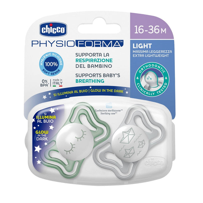 Chicco PhysioForma Light smoczek silikonowy uspokajający 16-36m Lumi 2szt.