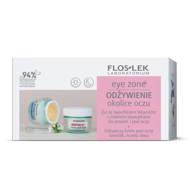 Floslek Eye Zone zestaw żel ze świetlikiem lekarskim i chabrem bławatkiem do powiek i pod oczy 10g + odżywczy krem pod oczy ze świetlikiem i masłem shea 15ml