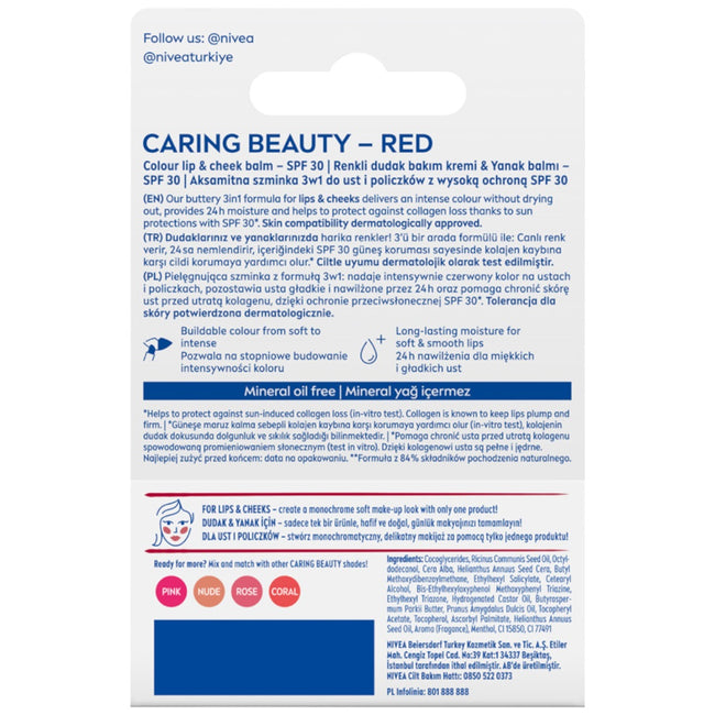 Nivea Caring Beauty pielęgnująca pomadka do ust 3w1 Red 4.8g