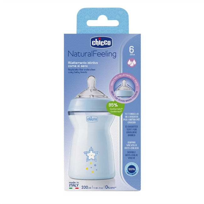 Chicco NaturalFeeling butelka plastikowa ze smoczkiem silikonowym przepływ szybki 6m+ Niebieska 330ml