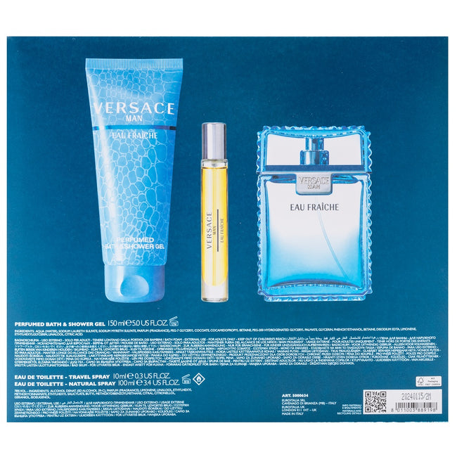 Versace Man Eau Fraiche zestaw woda toaletowa spray 100ml + woda toaletowa spray 10ml + żel pod prysznic 150ml