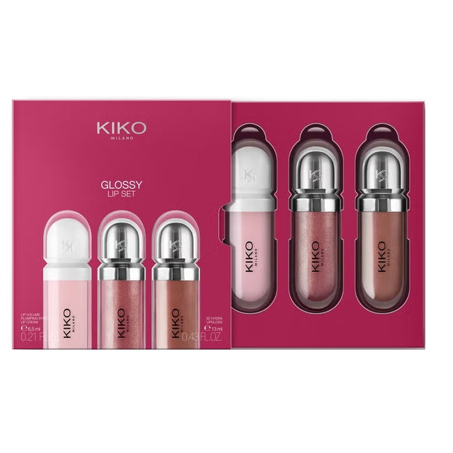 KIKO Milano Glossy Lip Set zestaw nawilżający błyszczyk do ust 2x6.5ml + pielęgnacyjny krem do ust z efektem powiększenia objętości 6.5ml