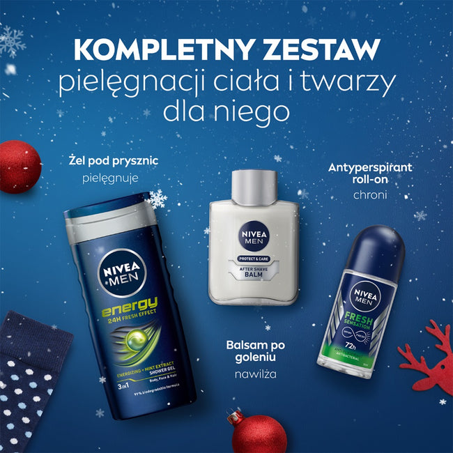 Nivea Men Pure Energy zestaw antyperspirant roll-on 50ml + żel pod prysznic 3w1 250ml + nawilżający balsam po goleniu 100ml + skarpetki