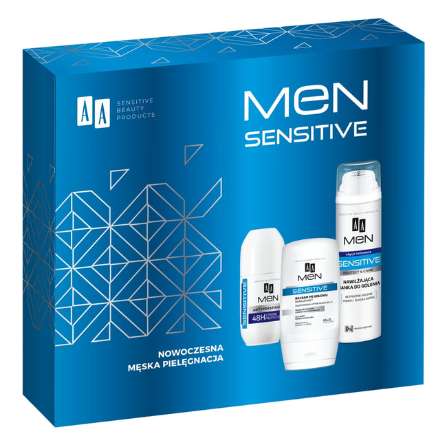 AA Men Sensitive zestaw balsam po goleniu 100ml + pianka do golenia 250ml + antyperspirant w kulce 50ml