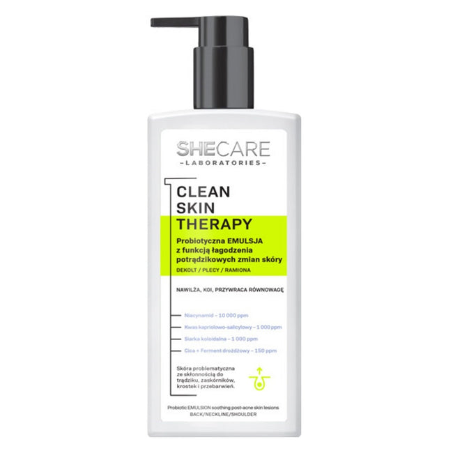 SHECARE Clean Skin Therapy probiotyczna emulsja do ciała z funkcją łagodzenia potrądzikowych zmian skóry 225ml