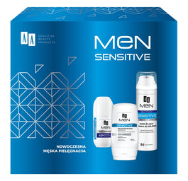 AA Men Sensitive zestaw balsam po goleniu 100ml + pianka do golenia 250ml + antyperspirant w kulce 50ml