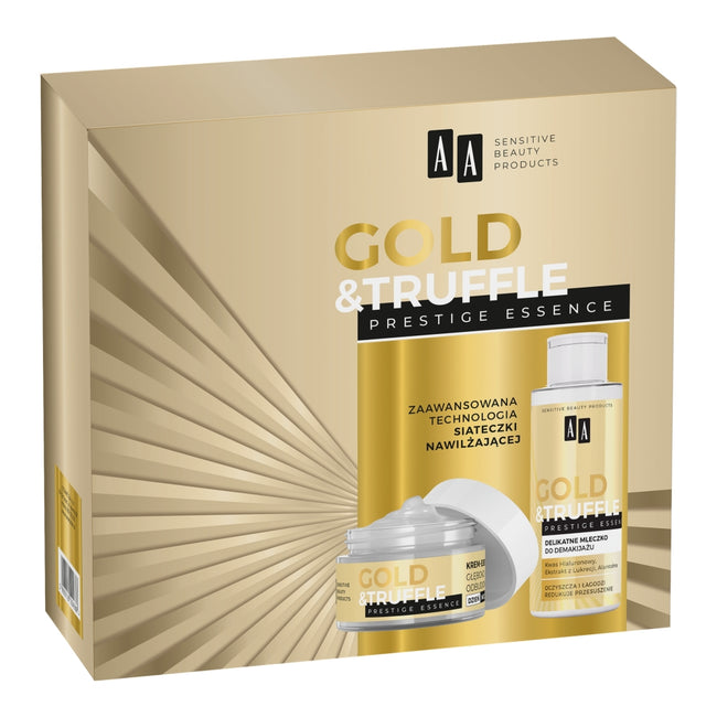 AA Gold & Truffles Prestige Essence 65+ zestaw głęboko odbudowujący krem-esencja 50ml + delikatne mleczko do demakijażu 150ml