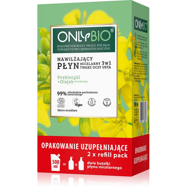 OnlyBio Nawilżający płyn micelarny 3w1 Priebiotyki i Olejek Sezamowy 250mlx2 + Refill 500ml